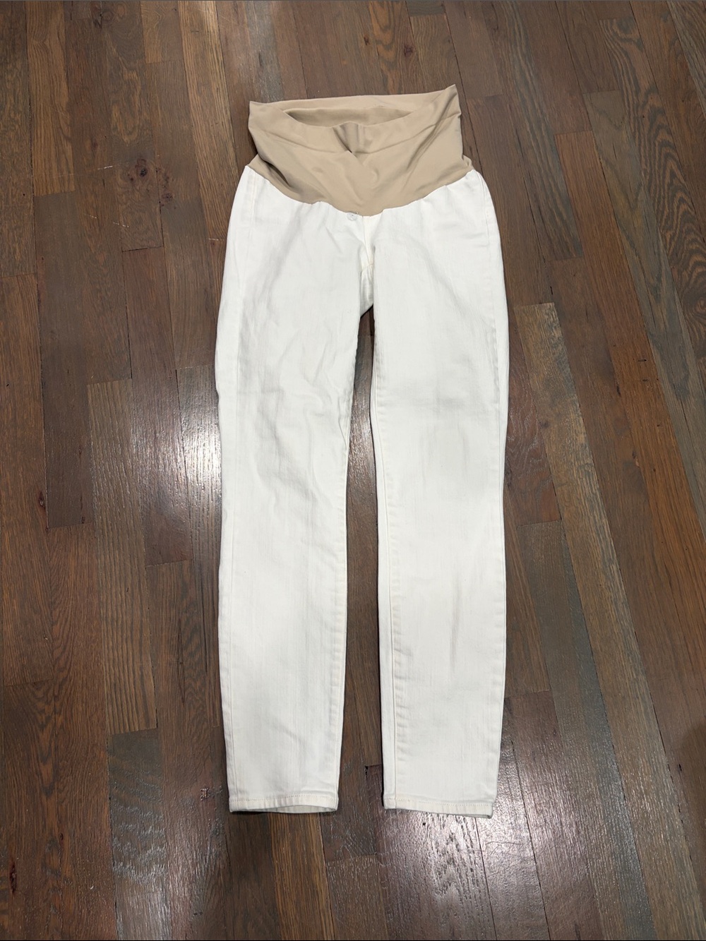 Maternity Skinny Jeans with Beige Waist Panel - White